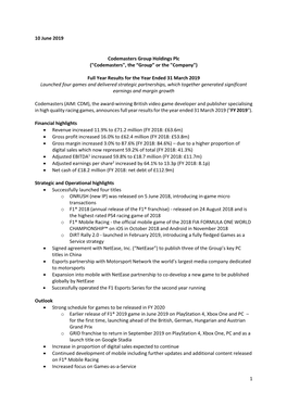 1 10 June 2019 Codemasters Group Holdings