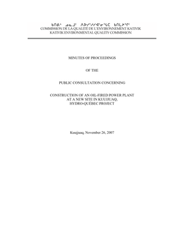 Minutes of Proceedings of the Public Consultation 2 Oil-Fired Power Plant Project in Kuujjuaq by Hydro-Québec KEQC