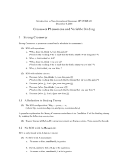 Crossover Phenomena and Variable Binding 1 Strong Crossover