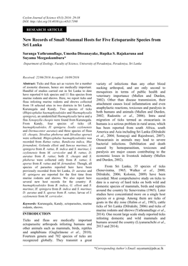 New Records of Small Mammal Hosts for Five Ectoparasite Species from Sri Lanka