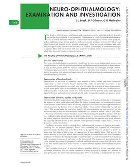 NEURO-OPHTHALMOLOGY: EXAMINATION and INVESTIGATION C J Lueck, D F Gilmour, G G Mcilwaine Iv2