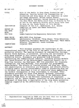 Alcoholism and Drug Abuse of the Committee on Labor the Role Which the Media Could Play in Helping to Put Congress of the US