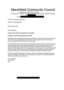 Marshfield Community Council Chairperson: Mrs Catherine Grady Clerk: Mr G C Thomas, 4 Kenilworth Road Newport South Wales NP19 8JQ Tel: E-Mail
