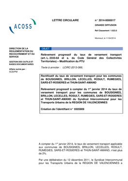 LETTRE CIRCULAIRE N° 20140000017 Relèvement Progressif Du