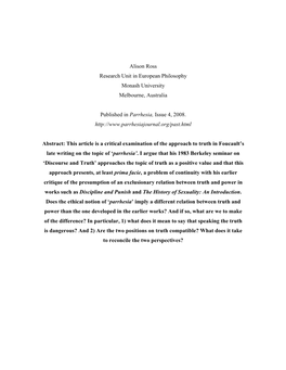 Alison Ross Research Unit in European Philosophy Monash University Melbourne, Australia Published in Parrhesia, Issue 4, 2008. H