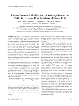 Effect of Structural Modifications of Anthracyclines on the Ability to Overcome Drug Resistance of Cancer Cells