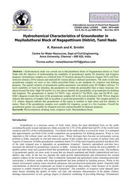 Physiochemical Characteristics of Groundwater and Its Suitability For