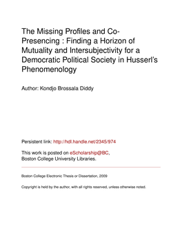 Presencing : Finding a Horizon of Mutuality and Intersubjectivity for a Democratic Political Society in Husserl’S Phenomenology
