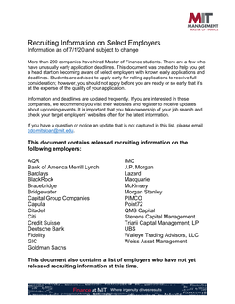 Recruiting Information on Select Employers Information As of 7/1/20 and Subject to Change