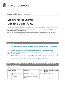 Call Lists for the Chamber Monday 5 October 2020