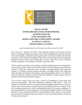 Lesley Visser Sports Broadcaster, Sportswriter, Author, Mentor to Be Awarded the Sports Lifetime Achievement Award at the 41St Annual Sports Emmy® Awards