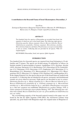 A Contribution to the Braconid Fauna of Israel (Hymenoptera: Braconidae), 3 Zoological Department, Hungarian Natural History