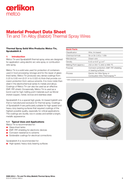 Material Product Data Sheet Tin and Tin Alloy (Babbit) Thermal Spray Wires