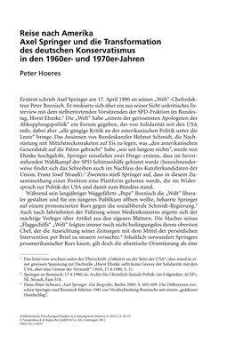 Reise Nach Amerika Axel Springer Und Die Transformation Des Deutschen Konservatismus in Den 1960Er- Und 1970Er-Jahren