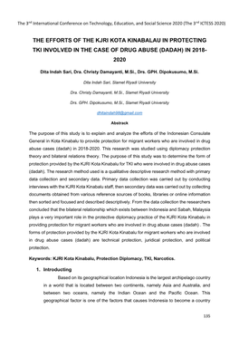 The Efforts of the Kjri Kota Kinabalau in Protecting Tki Involved in the Case of Drug Abuse (Dadah) in 2018- 2020