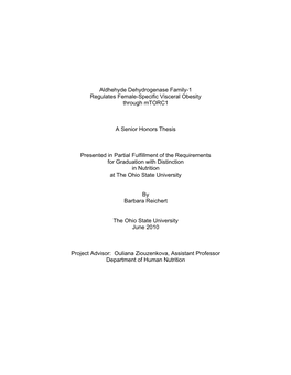 Aldhehyde Dehydrogenase Family-1 Regulates Female-Specific Visceral Obesity Through Mtorc1