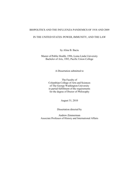 BIOPOLITICS and the INFLUENZA PANDEMICS of 1918 and 2009 in the UNITED STATES: POWER, IMMUNITY, and the LAW by Alina B. Baciu M