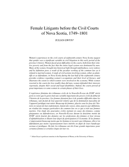 Female Litigants Before the Civil Courts of Nova Scotia, 1749 1801