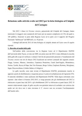 Relazione Sulle Attività Svolte Nel 2013 Per La Lotta Biologica Al Cinipide Del Castagno