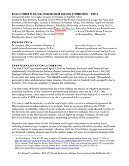 Issues Related to Nuclear Disarmament and Non-Proliferation – Part I