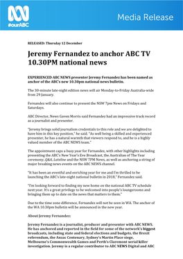 Jeremy Fernandez to Anchor ABC TV 10.30PM National News