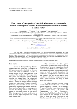 First Record of Two Species of Goby Fish, Cryptocentrus Cyanotaenia Bleeker and Istigobius Diadema Steindachner (Perciformes: Gobiidae) in Indian Waters