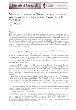 Mercurius Britanicus on Charles I: an Exercise in Civil War Journalism and High Politics, August 1643 to May 1646* Joyce Macadam Watford