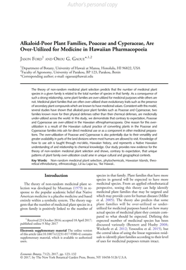 Alkaloid-Poor Plant Families, Poaceae and Cyperaceae, Are Over-Utilized for Medicine in Hawaiian Pharmacopoeia