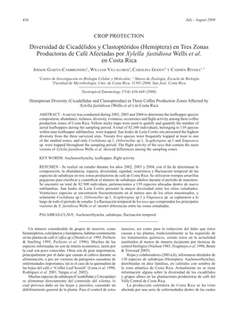 Diversidad De Cicadélidos Y Clastoptéridos (Hemiptera) En Tres Zonas Productoras De Café Afectadas Por Xylella Fastidiosa Wells Et Al