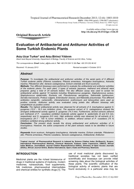 Evaluation of Antibacterial and Antitumor Activities of Some Turkish Endemic Plants