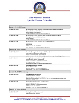 2019 General Session Special Events Calendar