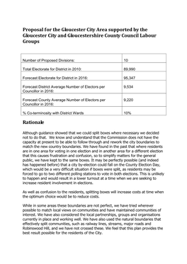 Proposal for the Gloucester City Area Supported by the Gloucester City and Gloucestershire County Council Labour Groups