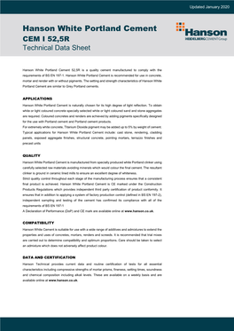 Hanson White Portland Cement CEM I 52,5R Technical Data Sheet