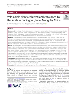 Wild Edible Plants Collected and Consumed by the Locals in Daqinggou, Inner Mongolia, China Sachula1, Geilebagan1, Yan-Ying Zhang2, Hui Zhao1,2 and Khasbagan1,2*