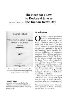 The Need for a Law to Declare 4 June As the Trianon Treaty Day