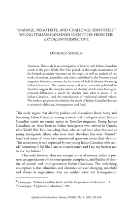 Young Italian-Canadian Identities from the Eyetalian Perspective