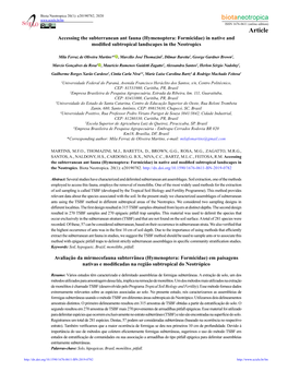 Article Accessing the Subterranean Ant Fauna (Hymenoptera: Formicidae) in Native and Modified Subtropical Landscapes in the Neotropics