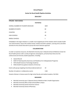 Annual Report Center for Rural Health Pipeline Activities 2016-2017