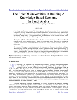 The Role of Universities in Building a Knowledge-Based Economy in Saudi Arabia Mohamed Imam Salem, King Saud University, Kingdom of Saudi Arabia