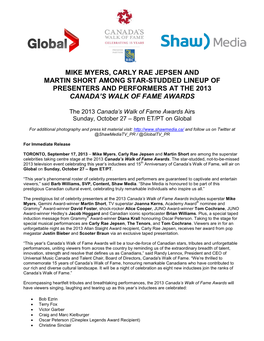 Mike Myers, Carly Rae Jepsen and Martin Short Among Star-Studded Lineup of Presenters and Performers at the 2013 Canada’S Walk of Fame Awards