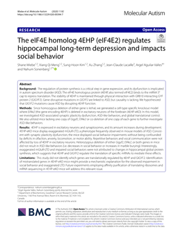 The Eif4e Homolog 4EHP (Eif4e2) Regulates Hippocampal Long-Term