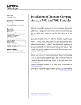 Installation of Linux on Compaq Armada 7400 and 7800 White Paper Prepared by Portables Software Marketing First Edition (June 1999) Document Number [0206-0799-A]