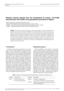 Relevant Lessons Learned from the Earthquakes El Asnam, 10/10/1980 and Zemmouri, 05/21/2003 on the Paraseismic Prevention in Algeria