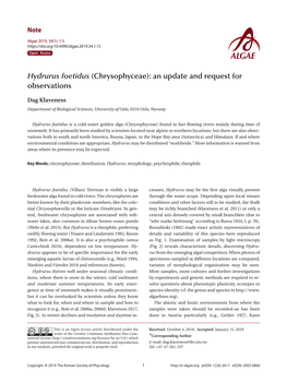 Hydrurus Foetidus (Chrysophyceae): an Update and Request for Observations