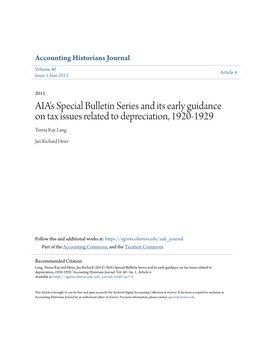 AIA's Special Bulletin Series and Its Early Guidance on Tax Issues Related to Depreciation, 1920-1929 Teresa Kay Lang