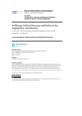 Revue Interventions Économiques, 62 | 2019 Wellbeing: Political Discourse and Policy in the Anglosphere