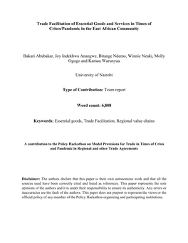 Trade Facilitation of Essential Goods and Services in Times of Crises/Pandemic in the East African Community Bakari Abubakar, Jo