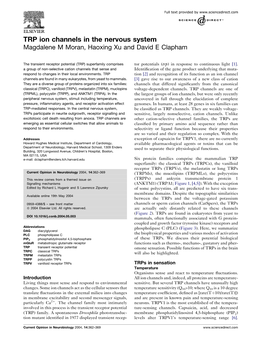 TRP Ion Channels in the Nervous System Magdalene M Moran, Haoxing Xu and David E Clapham