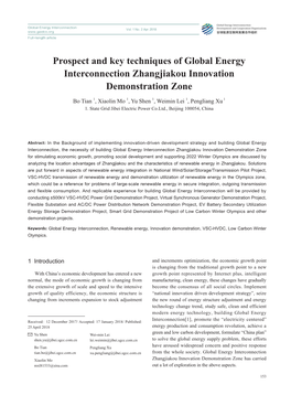 Prospect and Key Techniques of Global Energy Interconnection Zhangjiakou Innovation Demonstration Zone