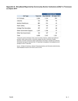 Broadband Reported by Community Anchor Institutions (CAI)* in Tennessee As of June 2014